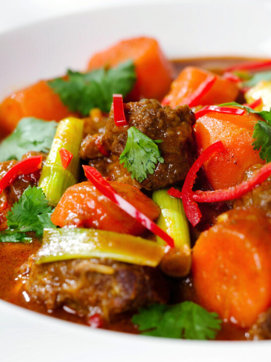 Close-up M&igrave; B&ograve; Kho, Vietnamese beef and egg noodle stew with carrots and spring onions.