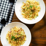 Overhead smoked mackerel pasta (fusilli) with chilli and a lemon crumb.