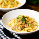 Smoked mackerel pasta (fusilli) with chilli and a lemon crumb.