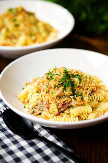 Smoked mackerel pasta (fusilli) with chilli and a lemon crumb.