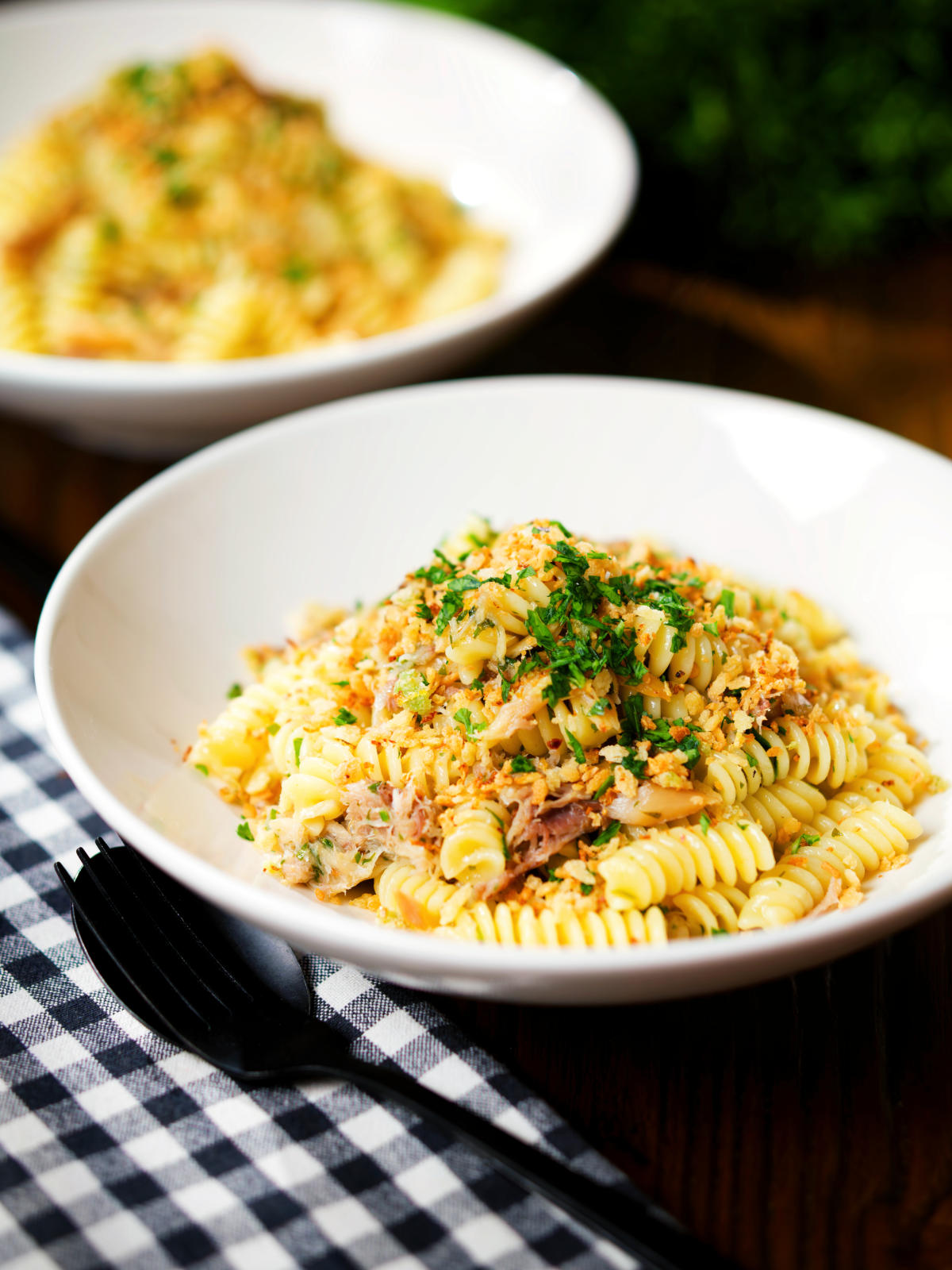 Smoked mackerel pasta (fusilli) with chilli and a lemon crumb.