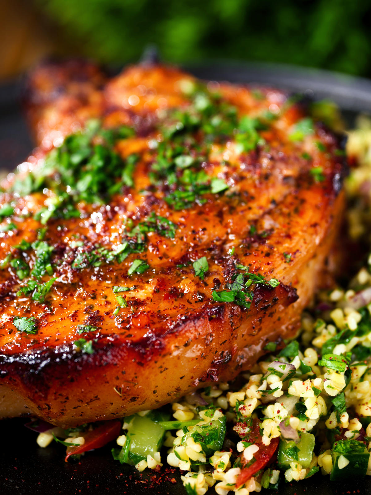 Close-up baked harissa and honey glazed pork chops served with parsley and tabbouleh.