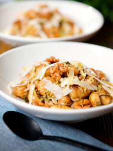 Pan fried cabbage and walnut gnocchi with balsamic vinegar.