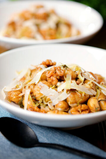 Pan fried cabbage and walnut gnocchi with balsamic vinegar.