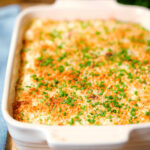 Cheddar cheese and onion baked gnocchi gratin.