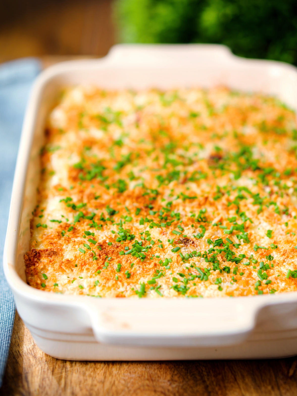Cheddar cheese and onion baked gnocchi gratin.