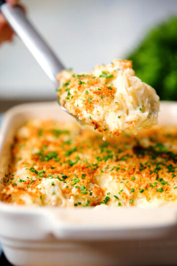Cheddar cheese and onion baked gnocchi gratin on a spoon.