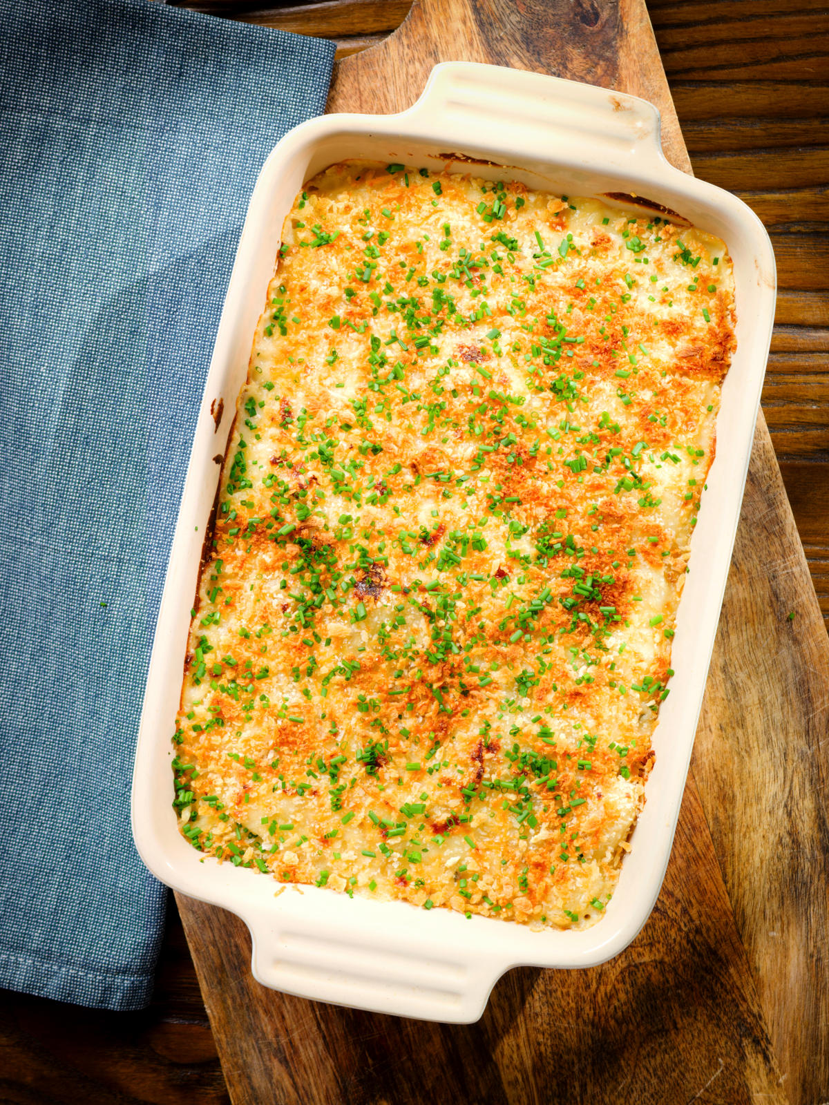 Overhead cheese and onion baked gnocchi gratin.