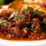 Close-up Greek beef kapama stew served with potato wedges.