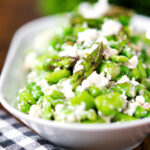 Minted pea and feta salad with asparagus and broad beans.