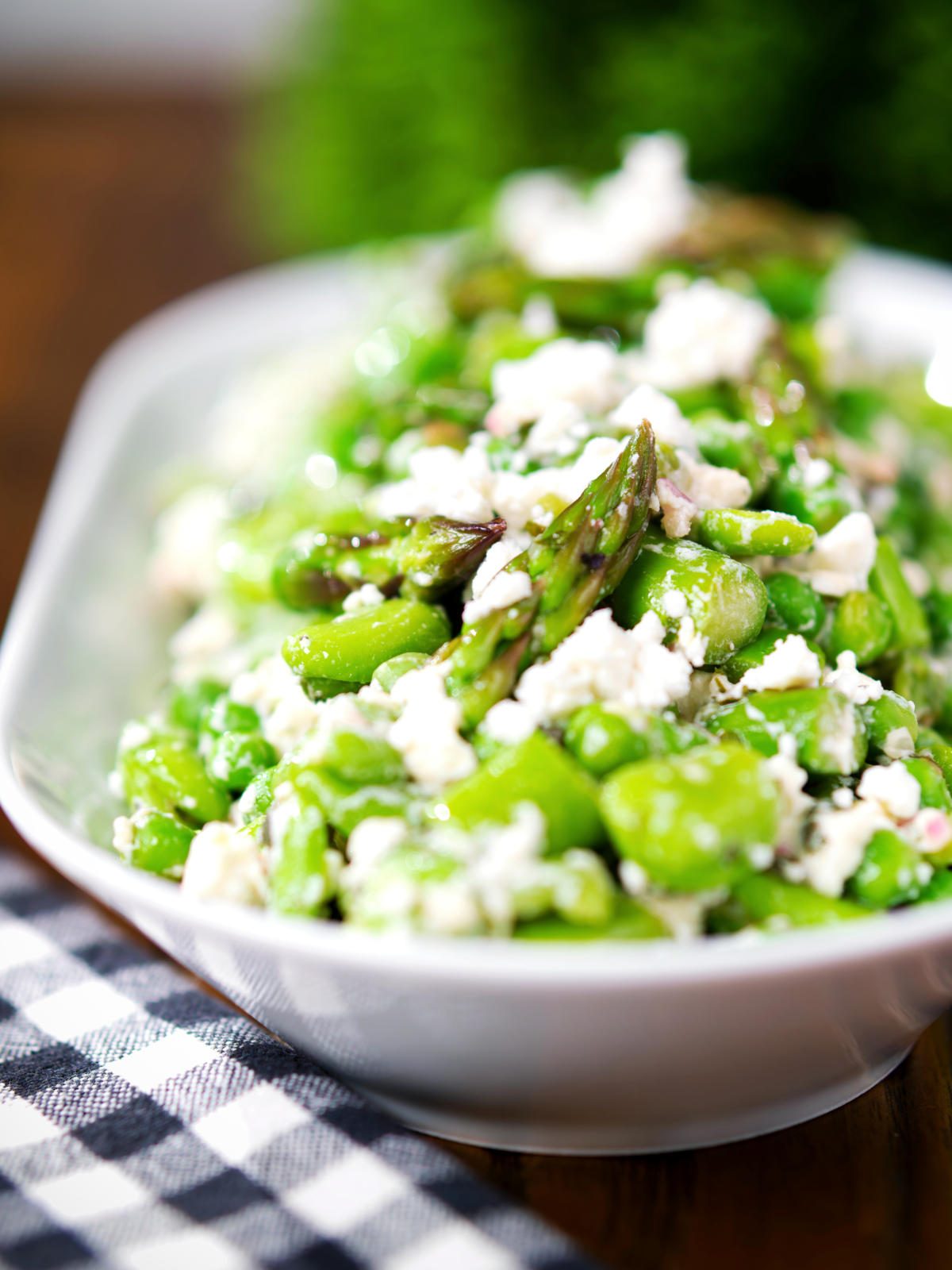 Minted pea and feta salad with asparagus and broad beans.