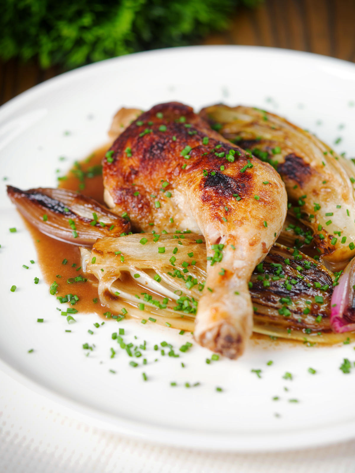 Baked chicken leg, Belgian endive/chicory and shallots with balsamic gravy and snipped chives.