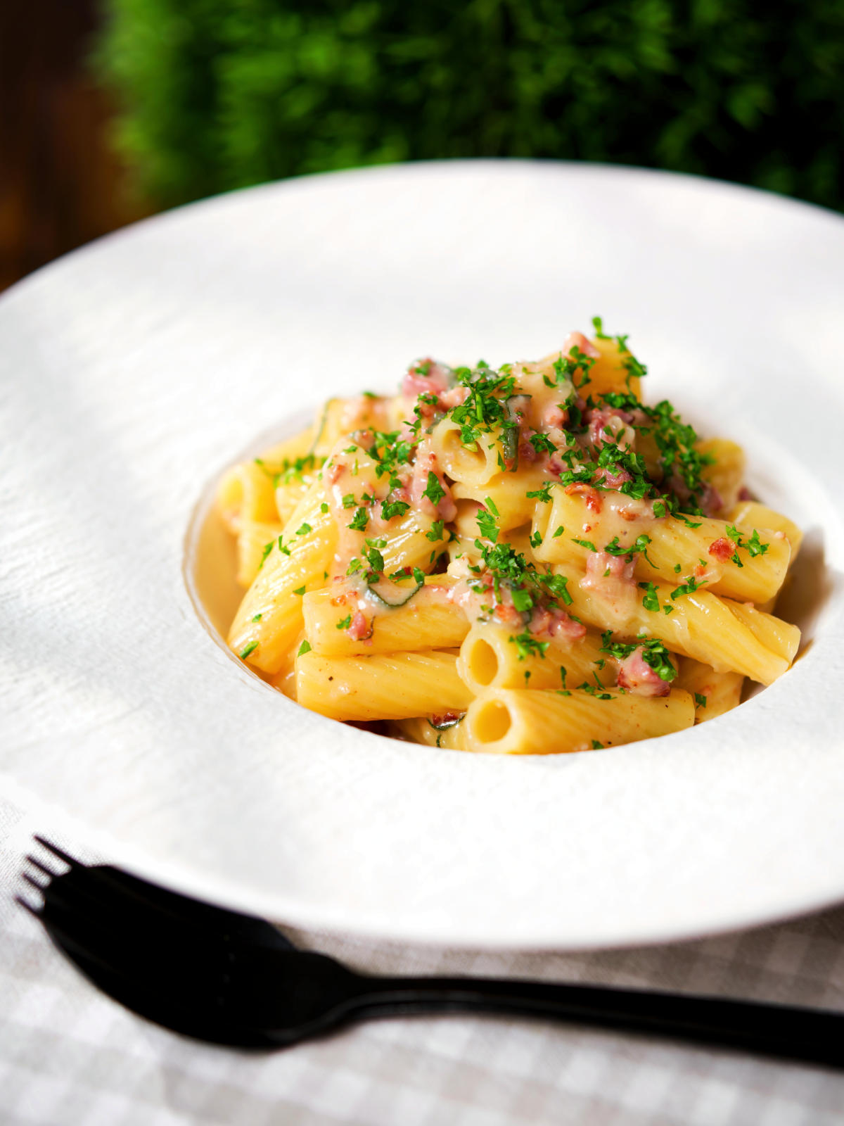 Brie and bacon pasta (rigatoni) garnished with fresh parsley.