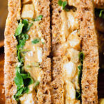 Close-up Coronation chicken sandwich.