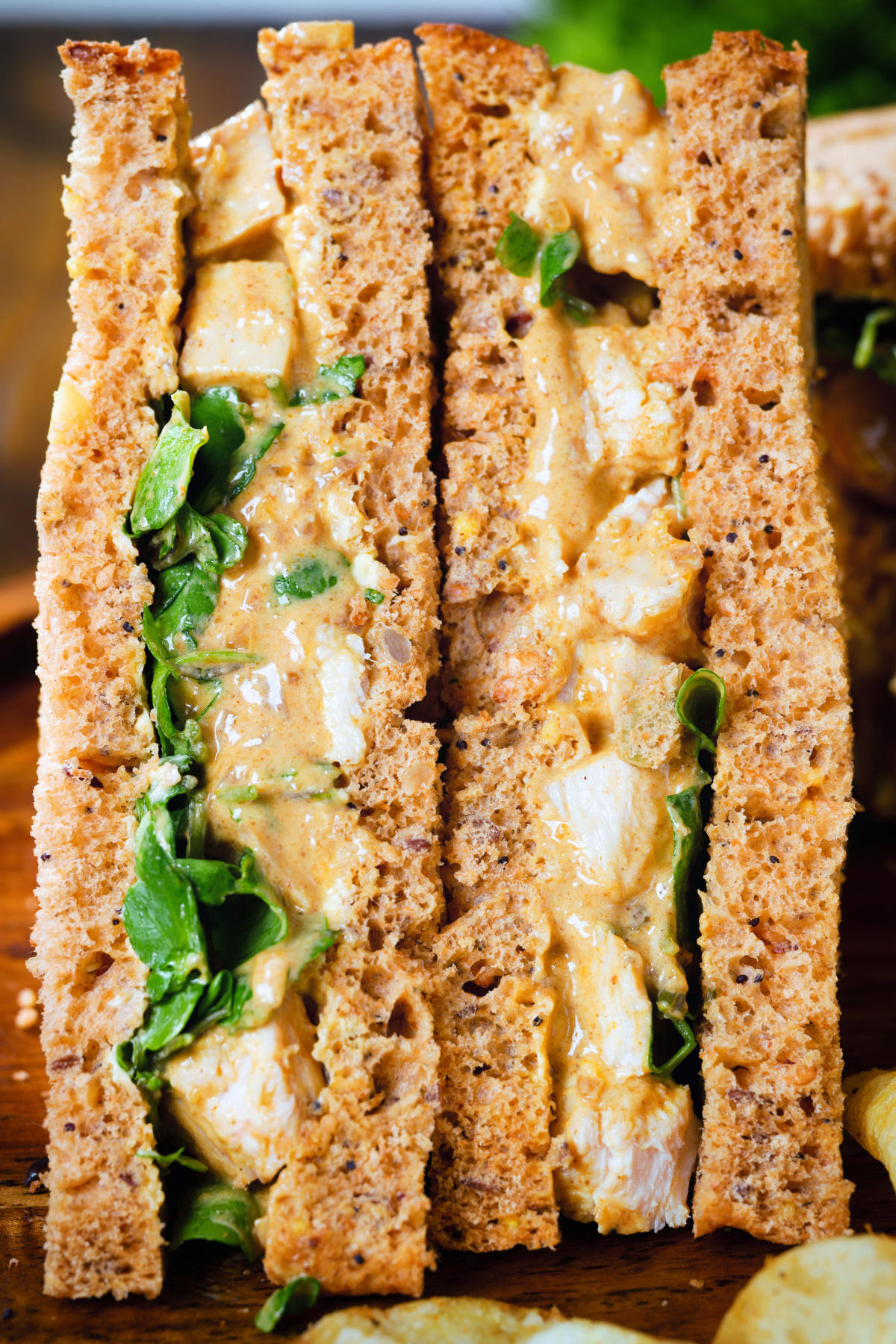 Close-up Coronation chicken sandwich.