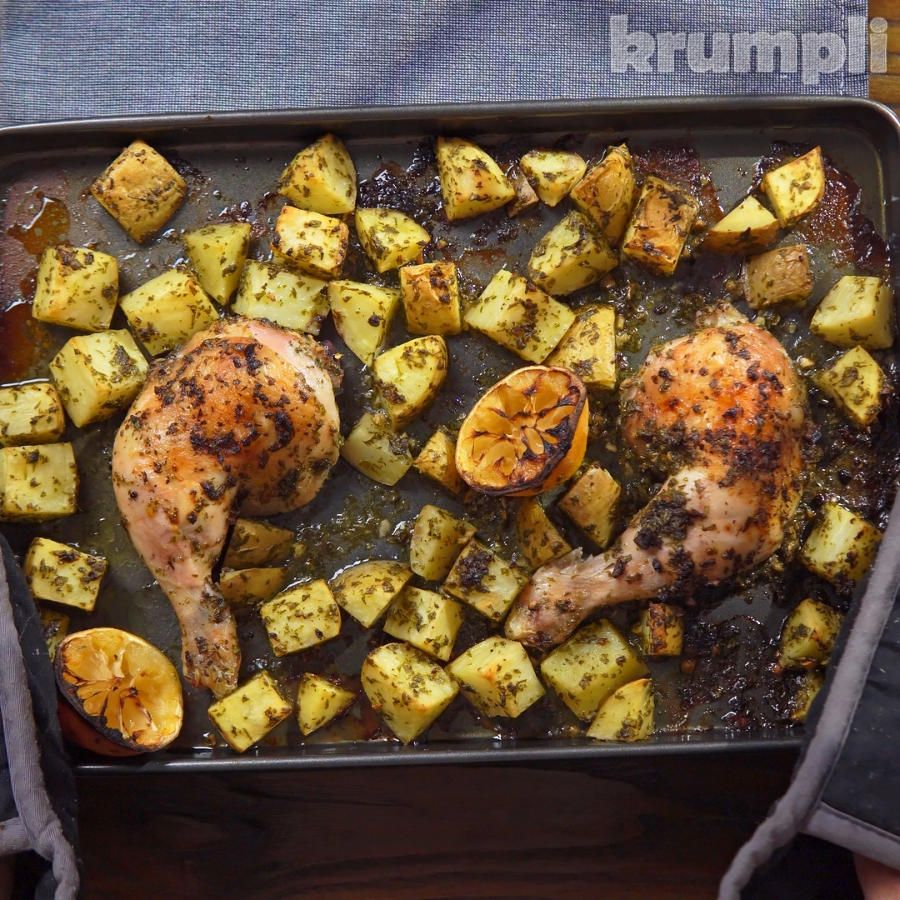 Greek chicken and potatoes process shot 8 of 9