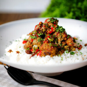 Salt and pepper cauliflower bites served with rice, sriracha sauce and coriander.