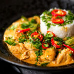 Thai Panang chicken curry with Jasmine rice, chilli and coriander.