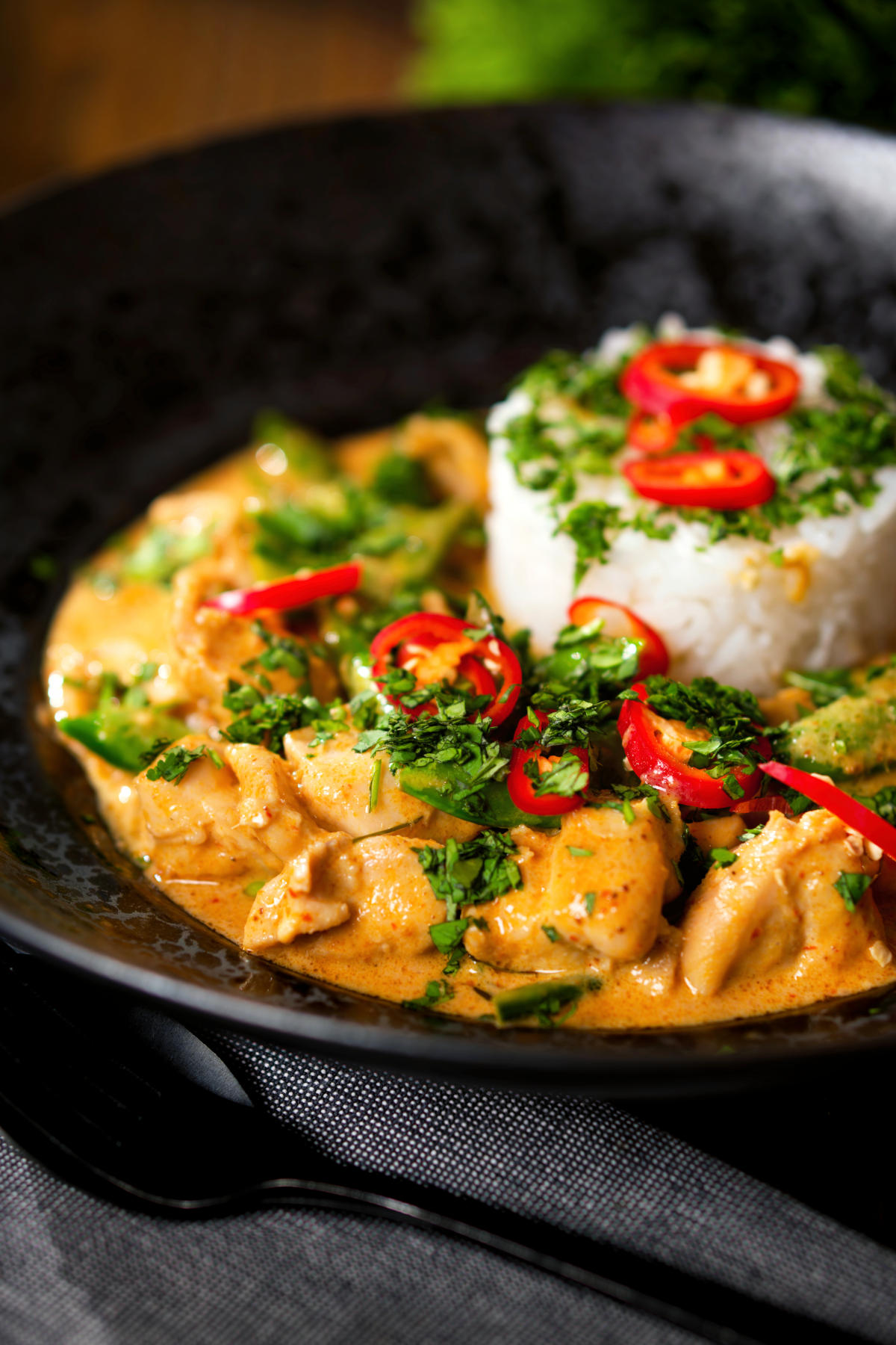 Thai Panang chicken curry with Jasmine rice, chilli and coriander.