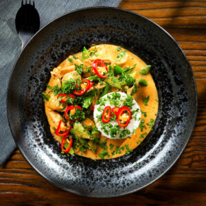 Thai Panang chicken curry served with Jasmine rice, chilli and coriander.