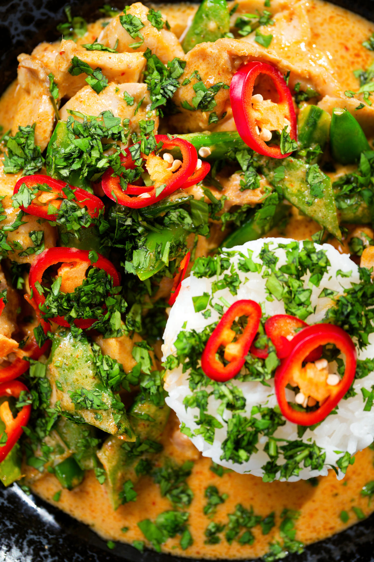 Close-up overhead Thai Panang chicken curry with Jasmine rice, chilli and coriander.