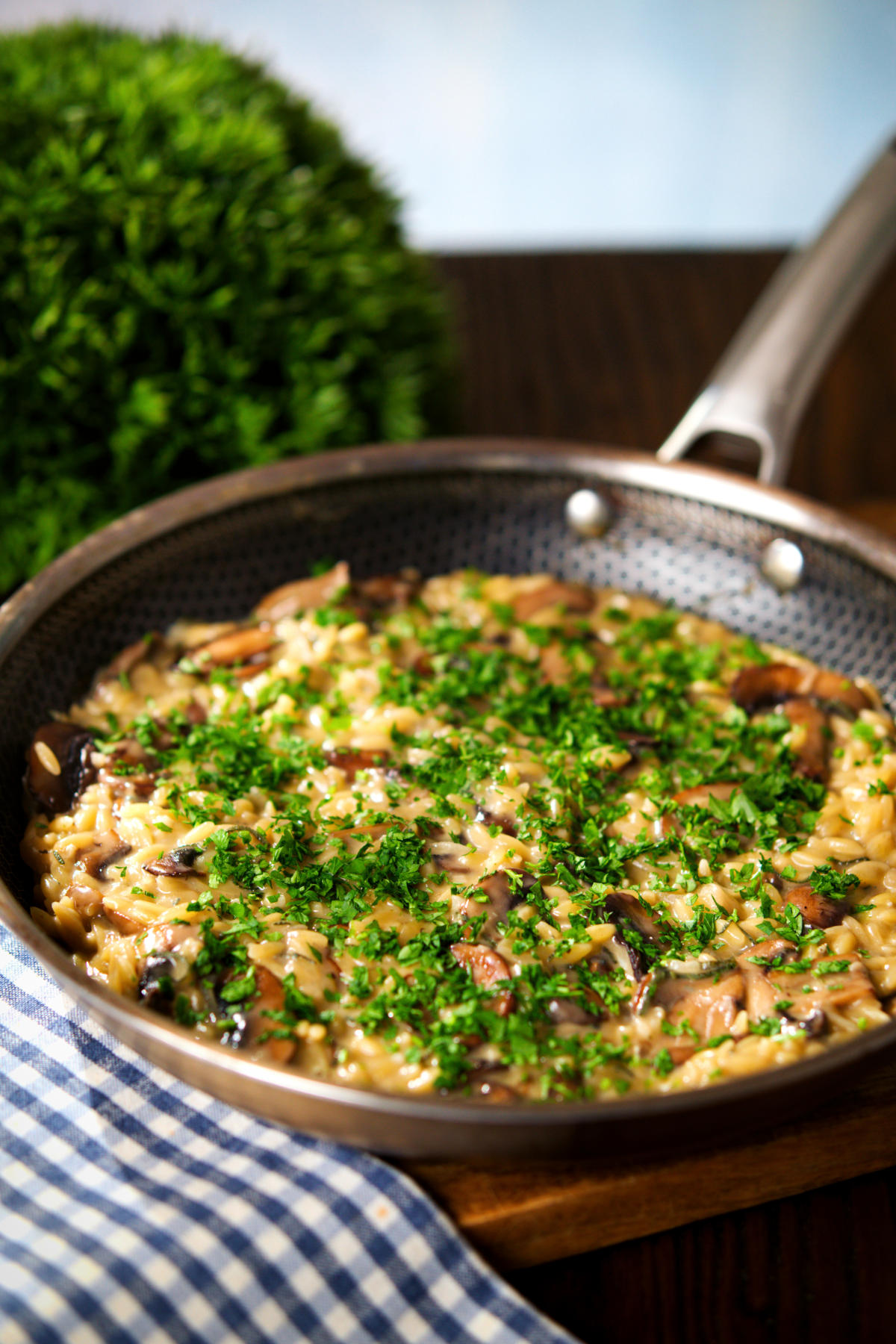 One-pot stilton cheese and mushroom orzo with sage in a pan.