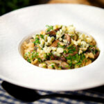 One-pot stilton cheese and mushroom orzo with sage.