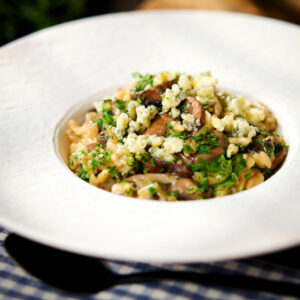 One-pot stilton cheese and mushroom orzo with sage.